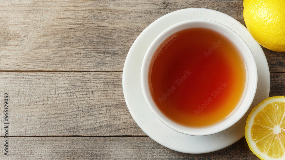 Cozy Tea Moment, inviting cup of tea with lemon on rustic table, warm atmosphere, space for personal message, perfect for relaxation and comfort Cozy Tea Moment, inviting cup of tea with lemon on rustic table, warm atmosphere, space for personal message, perfect for relaxation and comfort