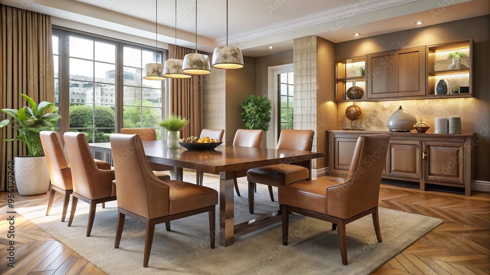 A leather-covered furniture set in understated hues occupies the modern dining room, radiating warmth and refinement. A leather-covered furniture set in understated hues occupies the modern dining room, radiating warmth and refinement.
