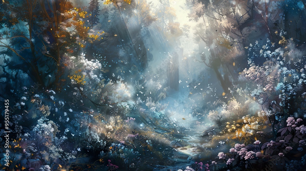 Obraz premium A magical forest path with sunlight streaming through the trees.