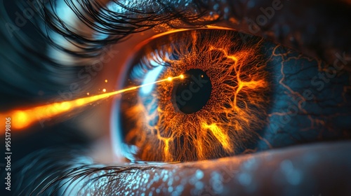 A close-up of a human eye with a beam of light emanating from the iris. The eye is filled with a fiery orange color, and the light appears to be traveling out from the center of the eye.