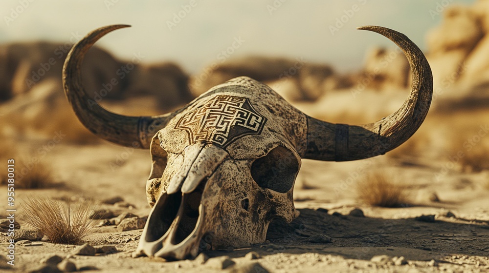 Obraz premium Engraved bull skull in desert landscape. Ancient and mystical concept.