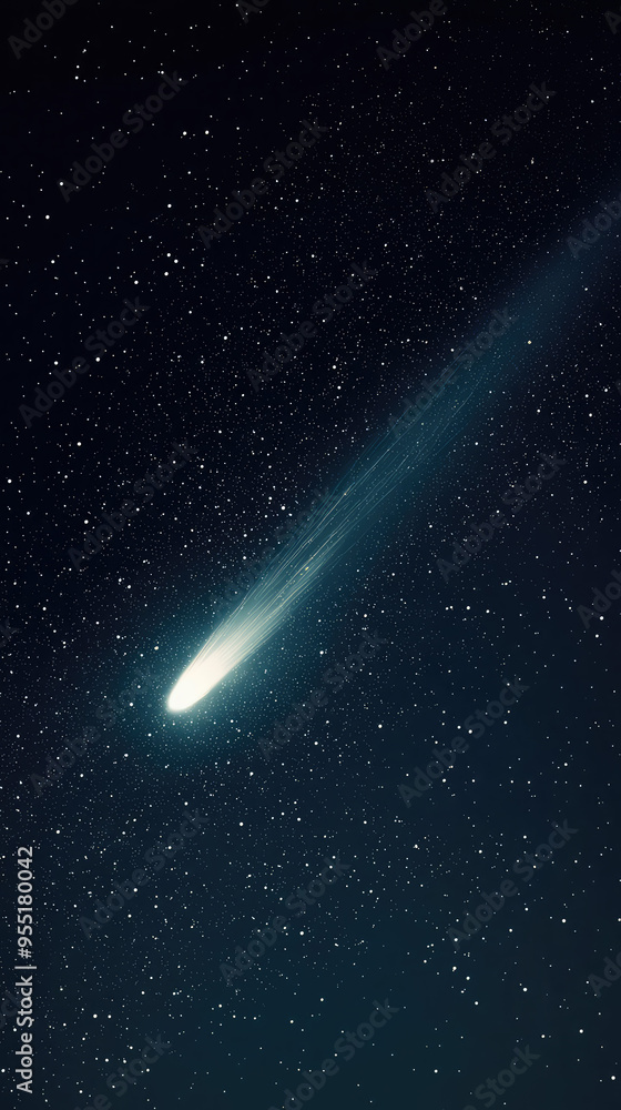 A celestial dance: A lone comet streaks across a star-studded night sky, leaving a shimmering trail of light. A celestial dance: A lone comet streaks across a star-studded night sky, leaving a shimmering trail of light.