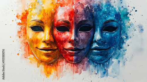 Dual Emotions: Colorful Watercolor Masks Art