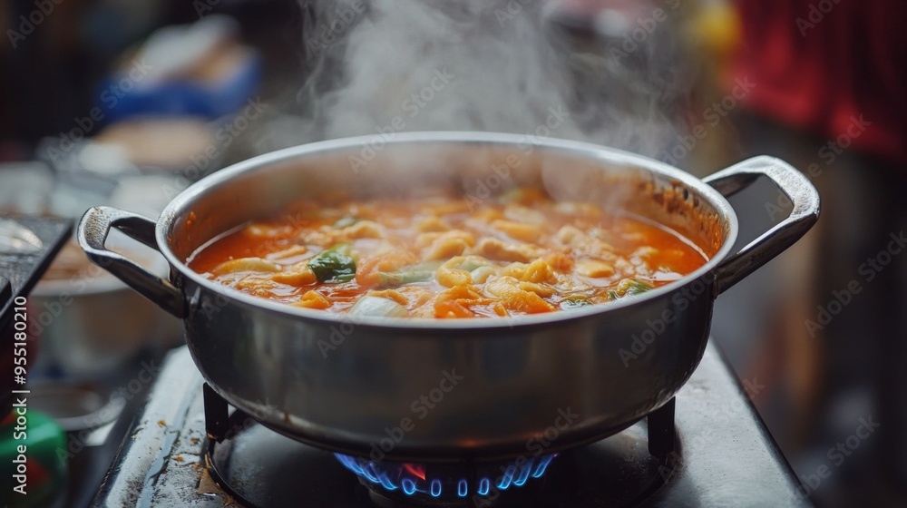 A pot of tom yum soup bubbling away on a portable gas stove, with the spicy aroma wafting through the air and whetting the appetite. A pot of tom yum soup bubbling away on a portable gas stove, with the spicy aroma wafting through the air and whetting the appetite.