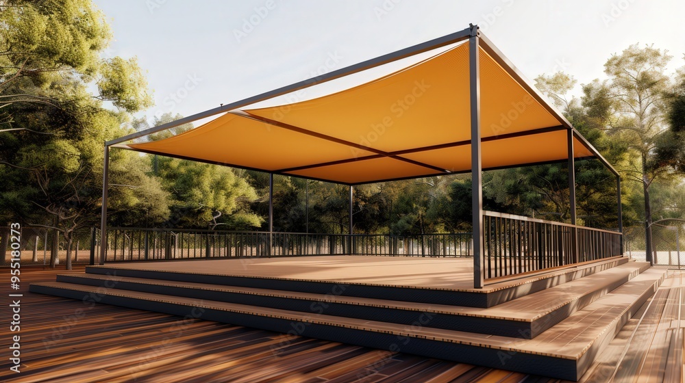 Fototapeta premium Modular performance stage featuring a sturdy metal railing perimeter, designed with a collapsible tent for versatile shade and weather protection during events.