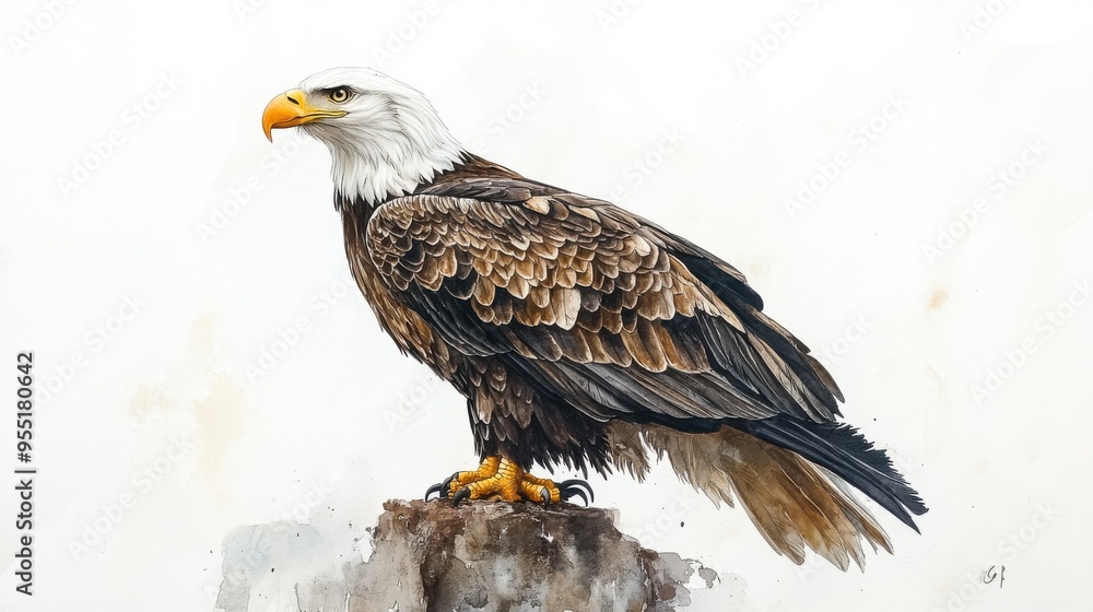 Fototapeta premium Illustration of a Bald Eagle perched on a flagpole