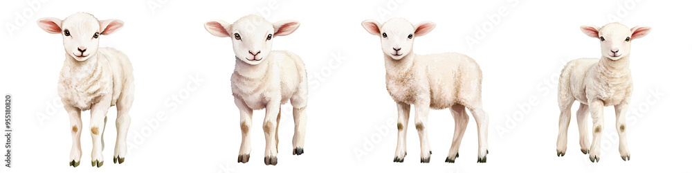 Fototapeta premium Collection of playful lambs standing together, showcasing their fluffy wool and curious expressions in a cheerful setting.