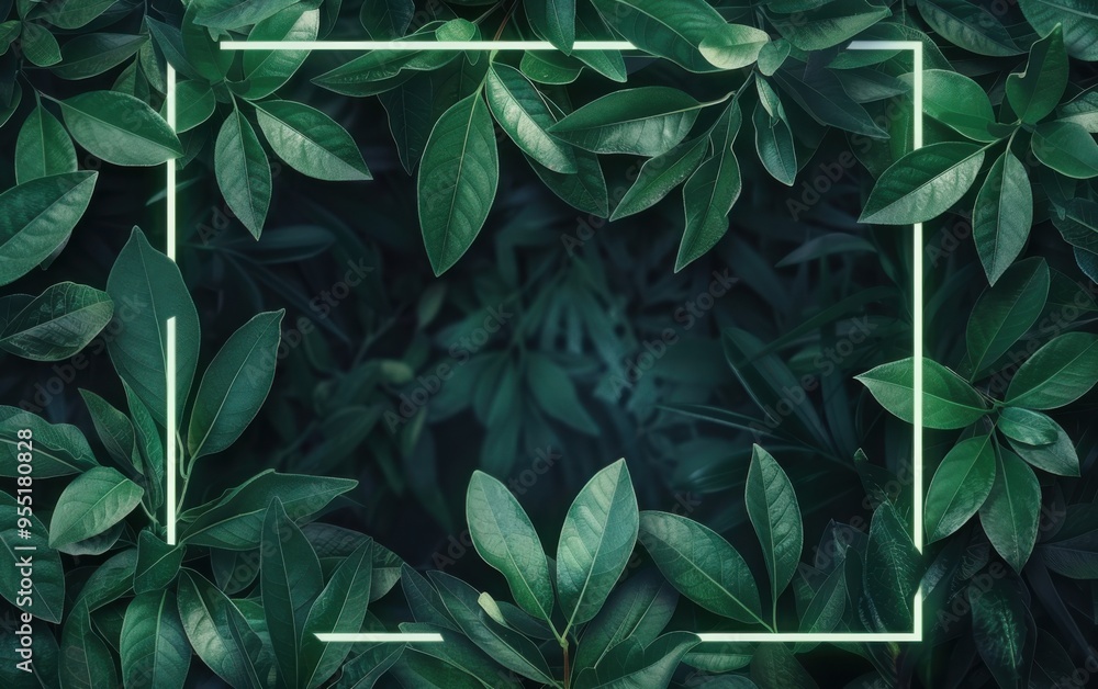 Realistic dark green leaves on a neon frame background Realistic dark green leaves on a neon frame background
