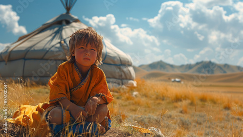 little Mongolian boy in the steppes of Mongolia outside the yur photo