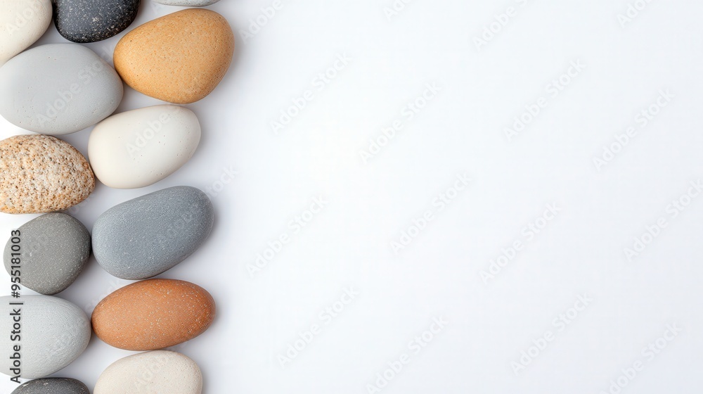 Smooth pebbles arranged on a plain white surface, embodying tranquility and simplicity, ideal for wellness themes and promoting a sense of calm and balance. Smooth pebbles arranged on a plain white surface, embodying tranquility and simplicity, ideal for wellness themes and promoting a sense of calm and balance.