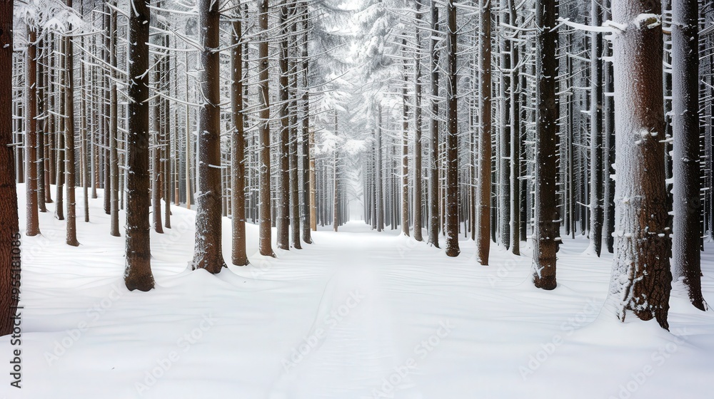Obraz premium Snowy Forest Path, a serene winter landscape featuring a tranquil path winding through a snow-covered forest, perfect for heartfelt postcard messages, enchanting and peaceful