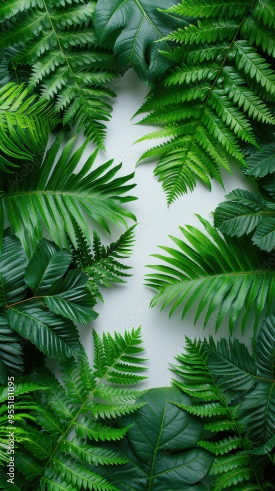 Green tropical leaves on white background with copy space. Green tropical leaves on white background with copy space.