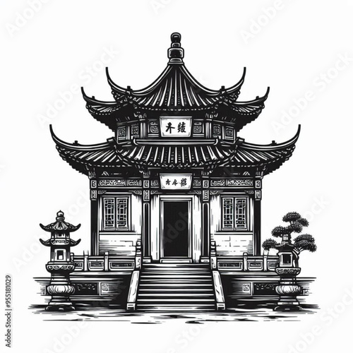 ilustration of a traditional Asian pagoda, set in a serene environment, in hand-drawn style.