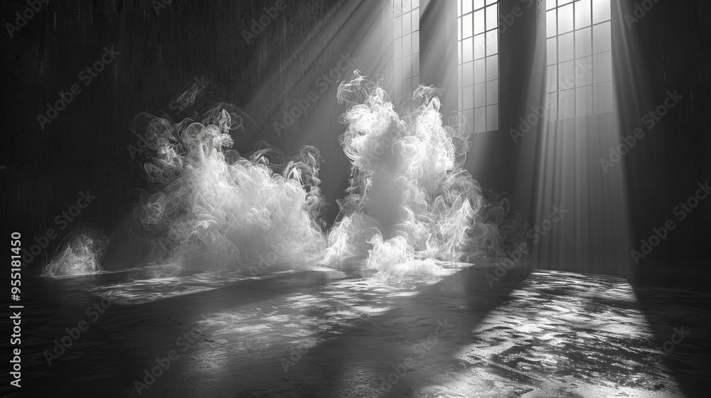 Obraz premium A black and white photo of a room with a lot of smoke