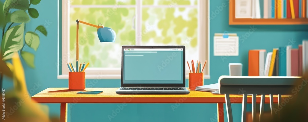 A cozy home office setup with a laptop on a wooden desk, surrounded by books, plants, and natural light from a window, creating an ideal workspace. A cozy home office setup with a laptop on a wooden desk, surrounded by books, plants, and natural light from a window, creating an ideal workspace.