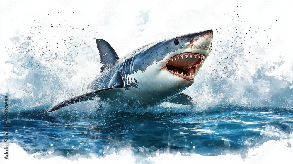 Fototapeta premium Illustrative clipart of a shark breaching the surface with its mouth open