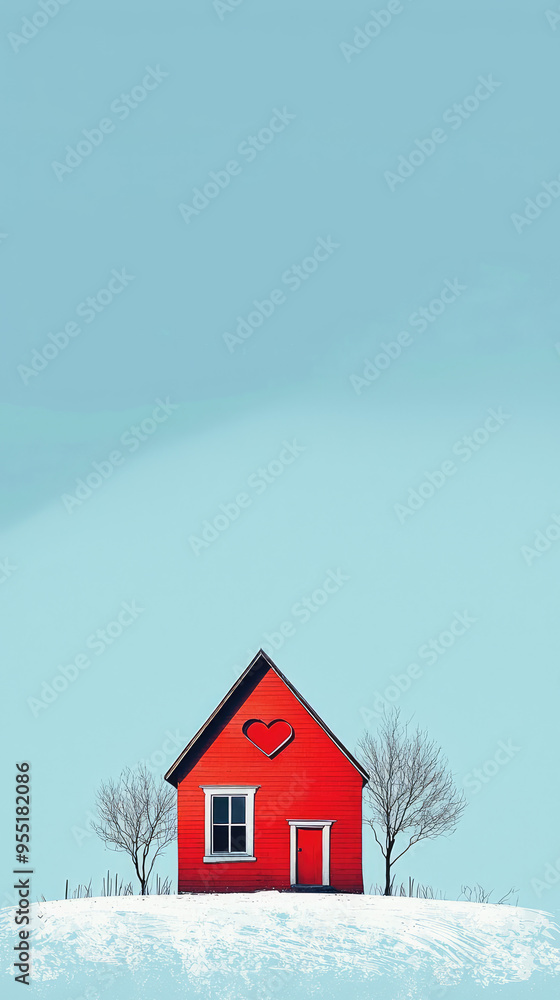A Love Nest: A heart-shaped house stands proudly in a snowy landscape, its vibrant red exterior and heart-shaped window a testament to love and warmth. A Love Nest: A heart-shaped house stands proudly in a snowy landscape, its vibrant red exterior and heart-shaped window a testament to love and warmth.