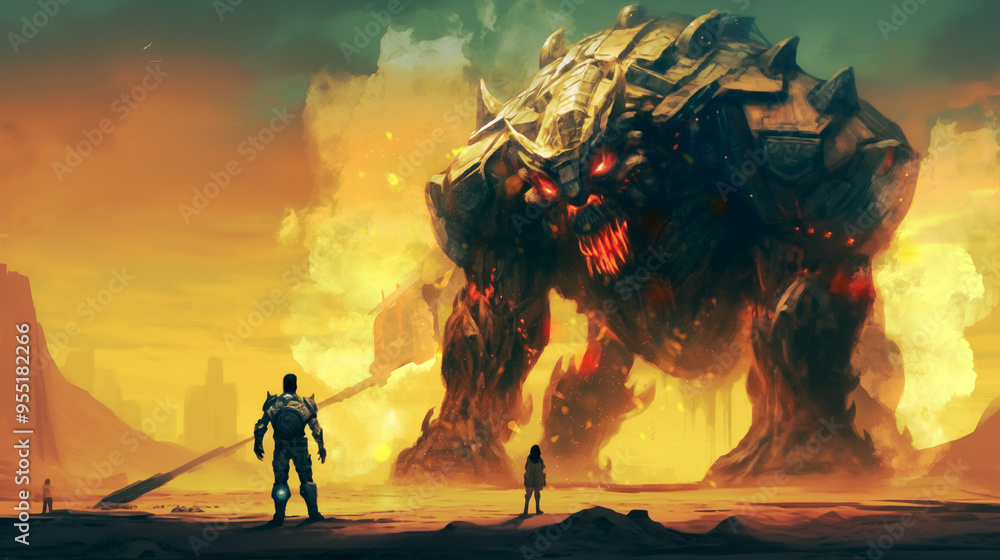 Fototapeta premium A futuristic warrior faces off against a giant mechanical demon. Ai generate
