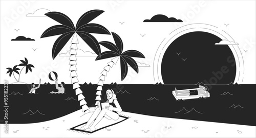 Young woman reading book on sea beach black and white line illustration. Adults spending time at exotic resort 2D characters monochrome background. Summer vacation activities outline vector image