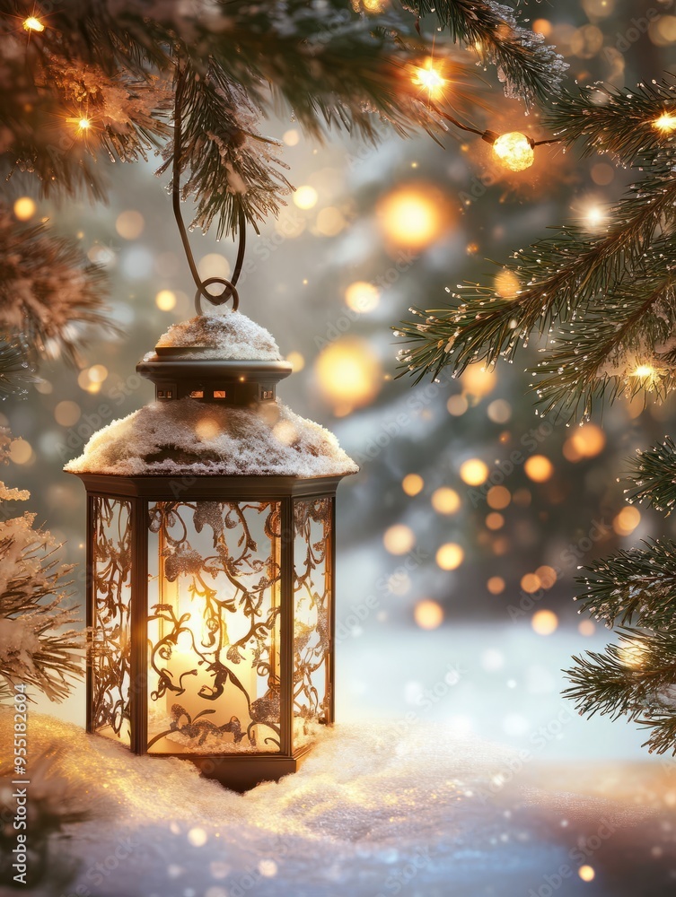 Christmas scene with a lantern, trees and blurred lights background. Christmas background Christmas scene with a lantern, trees and blurred lights background. Christmas background