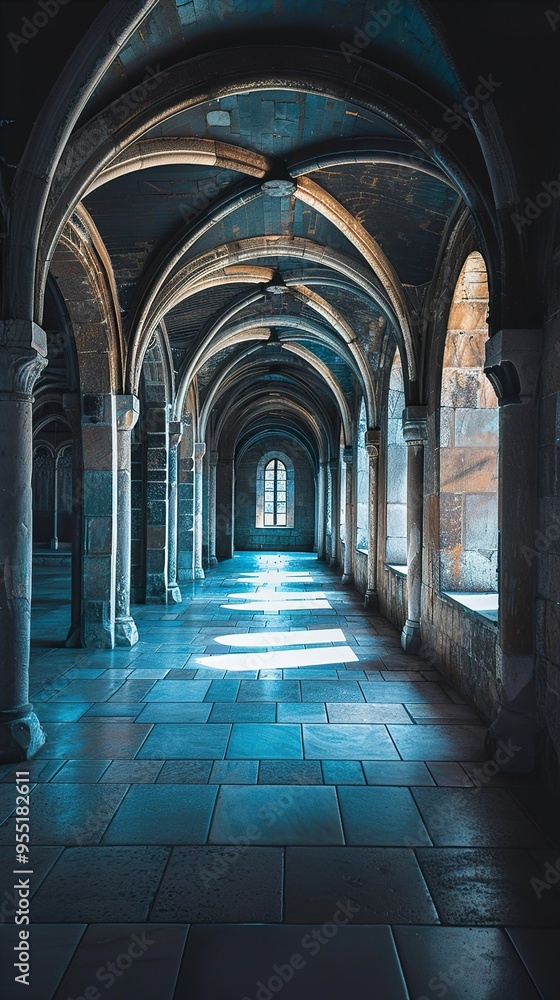 A long, arched hallway with stone columns and a light at the end. A long, arched hallway with stone columns and a light at the end.