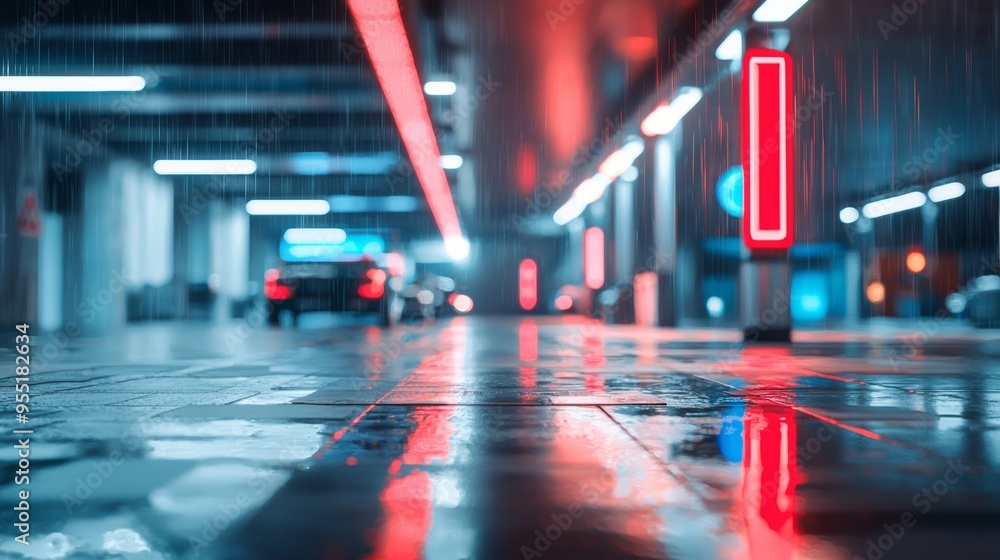 Neon lights reflecting on wet pavement in an urban parking garage at night, creating a moody and futuristic atmosphere. Neon lights reflecting on wet pavement in an urban parking garage at night, creating a moody and futuristic atmosphere.