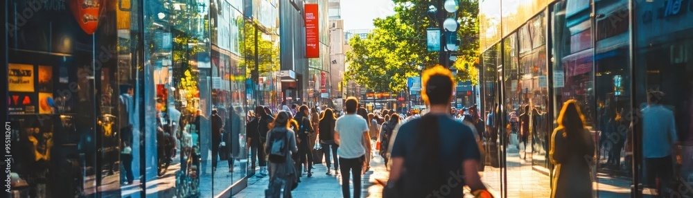 Obraz premium Busy urban street filled with people walking in the sunlight on a vibrant day with reflections in glass windows.