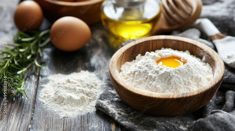 Bowl of Flour with Egg Yolk - Rustic Baking Preparation Bowl of Flour with Egg Yolk - Rustic Baking Preparation