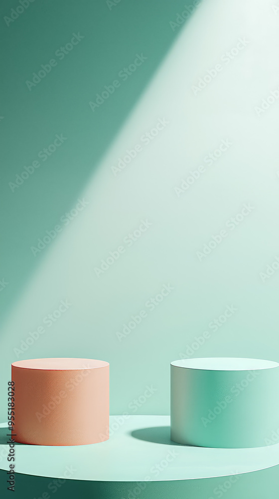 Two Cylindrical Podiums Await on a Pastel Green Stage, Bathed in Soft Sunlight. Two Cylindrical Podiums Await on a Pastel Green Stage, Bathed in Soft Sunlight.