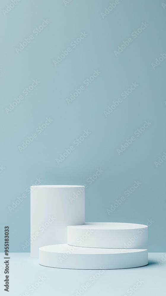 Three White Podiums on a Soft Blue Background: A Minimalist Display for Your Products Three White Podiums on a Soft Blue Background: A Minimalist Display for Your Products