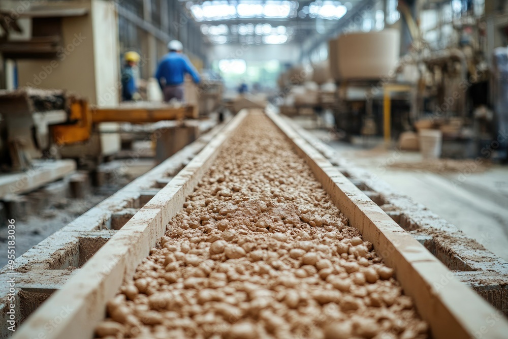 Rows of raw clay being prepared for molding in a ceramic manufacturing plant, with industrial equipment and workers in the background Rows of raw clay being prepared for molding in a ceramic manufacturing plant, with industrial equipment and workers in the background