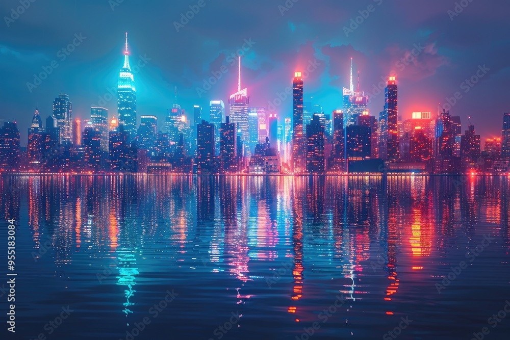 Fototapeta premium City Skyline with Neon Light Streaks Vibrant neon light streaks