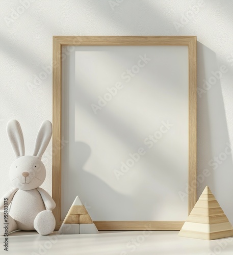 Empty Frame with Toy Rabbit and Wooden Pyramids on Table