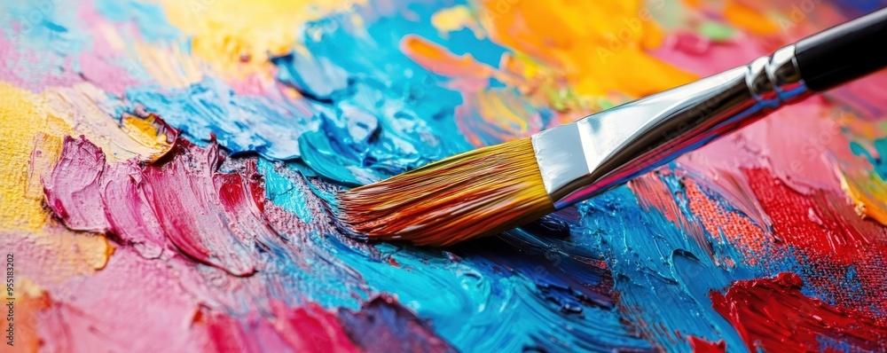 Fototapeta premium Colorful abstract painting with a brush blending vibrant colors on canvas. Creative art background for artistic projects and design inspiration.