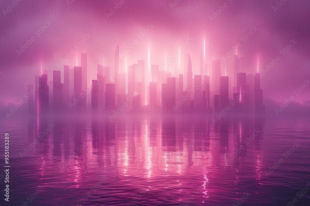 Fototapeta premium City Skyline with Neon Light Streaks Vibrant neon light streaks