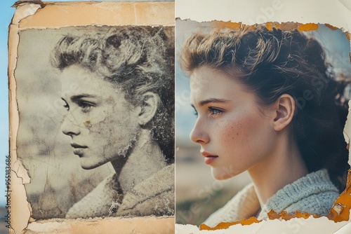 A before and after comparison of a photo restoration, showing an old, damaged photograph brought back to life with color and clarity