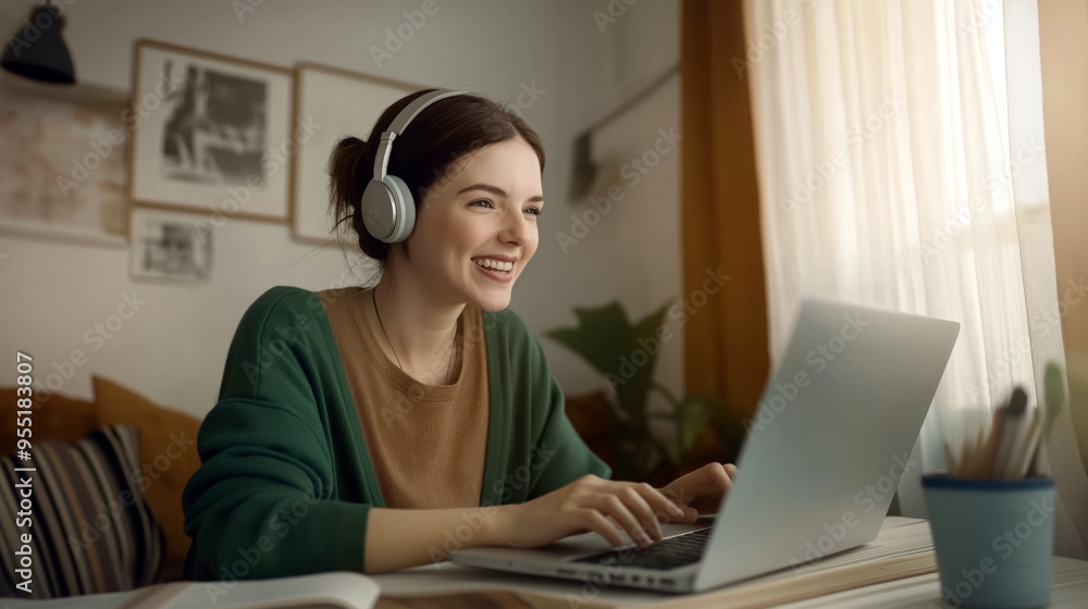 A young woman wearing headphones is happily engaged while using a laptop. The background features cozy home decor with framed pictures on the wall and soft lighting.AI generated. A young woman wearing headphones is happily engaged while using a laptop. The background features cozy home decor with framed pictures on the wall and soft lighting.AI generated.
