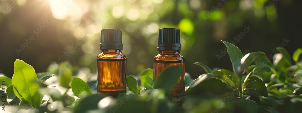 Two essential oil bottles stand on green plants, sunlight shines through the leaves and creates beautiful light spots on their bodies Two essential oil bottles stand on green plants, sunlight shines through the leaves and creates beautiful light spots on their bodies