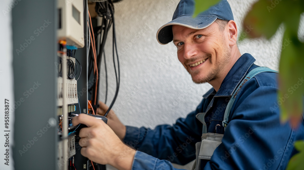 a happy commercial electrician or engineer in a blue cap and overalls with safety gears working on an electrical panel, power station, construction site or factory. Electrical system repair, wiring.