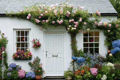 White english country cottage door exterior, photography backdrop, cottagecore aesthetics, floral garden. 