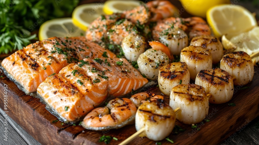 A seafood lover's dream platter featuring grilled salmon fillets, shrimp skewers, and scallops, served with a side of lemon wedges and fresh herbs. A seafood lover's dream platter featuring grilled salmon fillets, shrimp skewers, and scallops, served with a side of lemon wedges and fresh herbs.