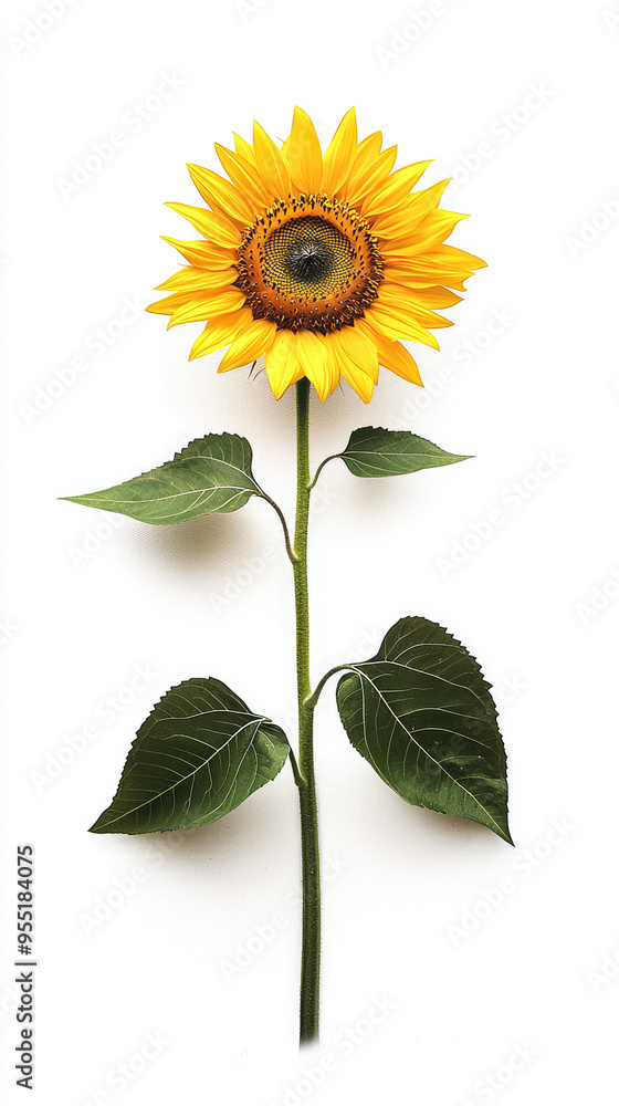 Naklejka premium A Single Sunflower Stands Tall, Radiating Brightness Against a Pure White Background.