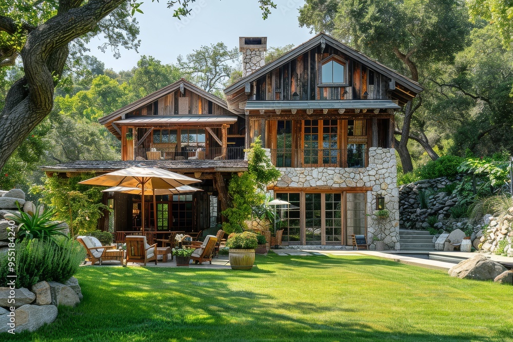 Rustic farmhouse in California countryside with weathered wood accents, stone walls, patio, fire pit, pool, and umbrella shade, surrounded by green grass and trees.