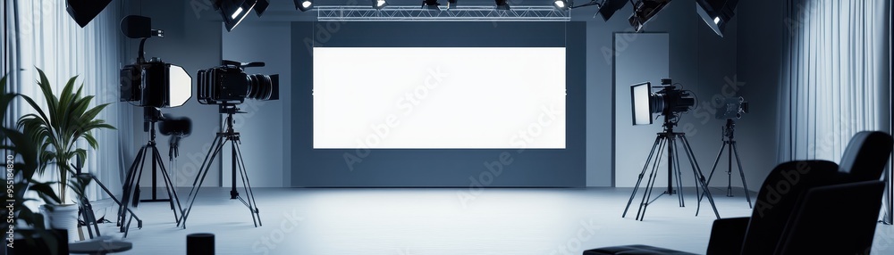 Modern empty film studio with professional lighting and equipment, featuring a large blank screen for productions and shoots. Modern empty film studio with professional lighting and equipment, featuring a large blank screen for productions and shoots.