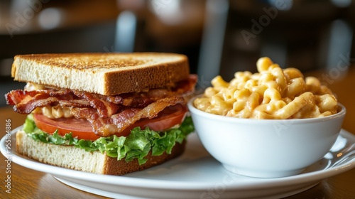 A BLT sandwich with bacon, lettuce and tomato sits on a white plate next to a bowl of macaroni and cheese