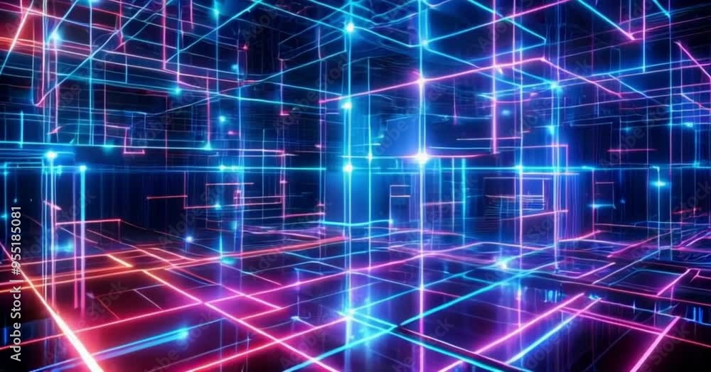 Abstract Neon Lines on Dark Background. Digital Geometric Patterns, Futuristic Design Abstract Neon Lines on Dark Background. Digital Geometric Patterns, Futuristic Design
