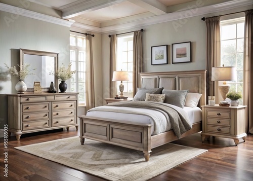 A neutral palette of soft grays and beiges defines this soothing bedroom suite, consisting of a plush bed,