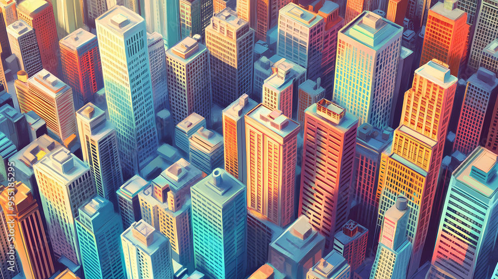 Obraz premium Panoramic view of the city, aerial view of the city, buildings scene, biuldings in the city, top view of buildings in the city. Skyscraper. Illustration