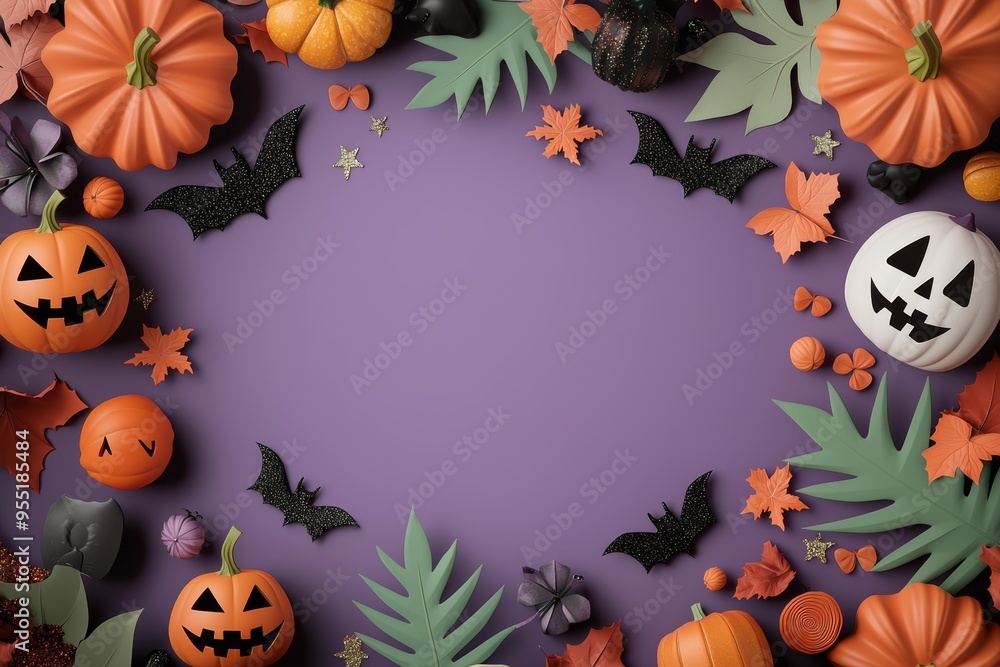 Halloween-themed background with pumpkins, bats, leaves, and a purple backdrop. Perfect for festive and spooky designs and invitations. Halloween-themed background with pumpkins, bats, leaves, and a purple backdrop. Perfect for festive and spooky designs and invitations.