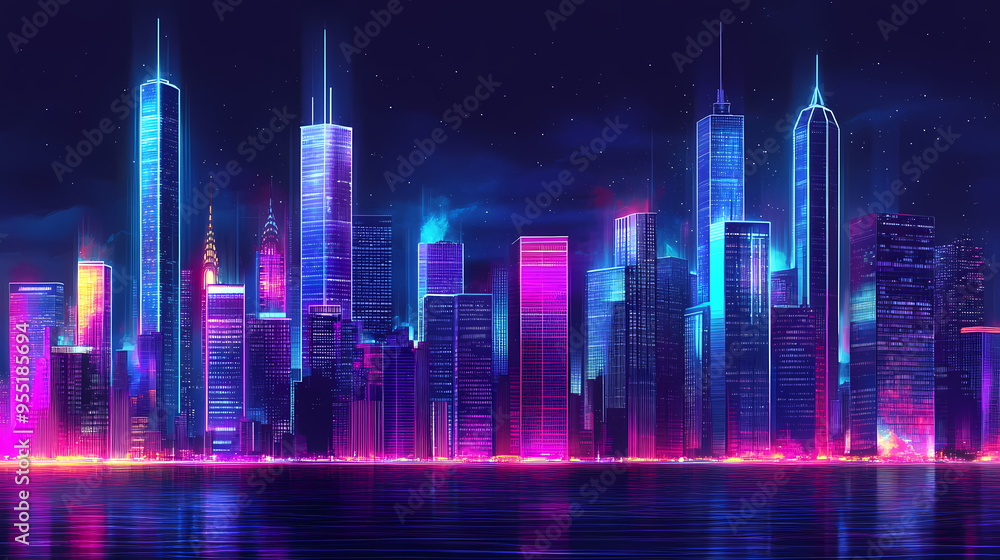 Printed neon skyscrapers on transparent backgrounds, with city skylines. Skyscraper. Illustration Printed neon skyscrapers on transparent backgrounds, with city skylines. Skyscraper. Illustration